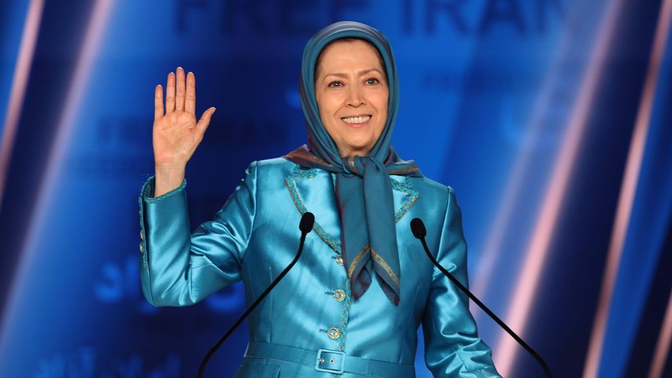Maryam Rajavi and Mike Pompeo speak at a meeting in Ashraf-3